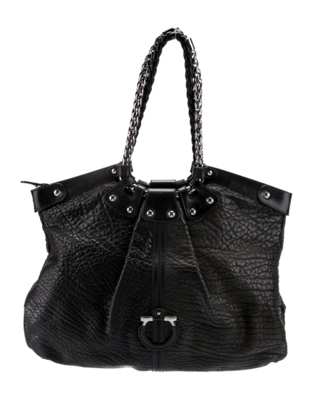 Salvatore Ferragamo Black Textured Leather Shoulder Tote with Chain Handles